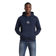 Navy blue calvin klein jeans men cotton sweatshirt with white logo and drawstrings front view hoodie design