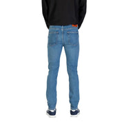 Calvin Klein jeans men blue denim straight-leg jeans with orange leather brand patch at waistband back view