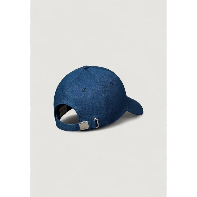 Back view of calvin klein jeans men blue organic cotton baseball cap with silver-toned metal buckle adjustment