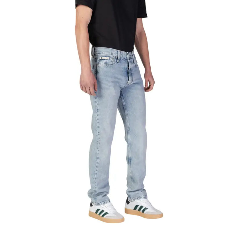 Calvin klein jeans men blue organic cotton jeans featuring light-wash denim with five-pocket design and subtle thigh fading