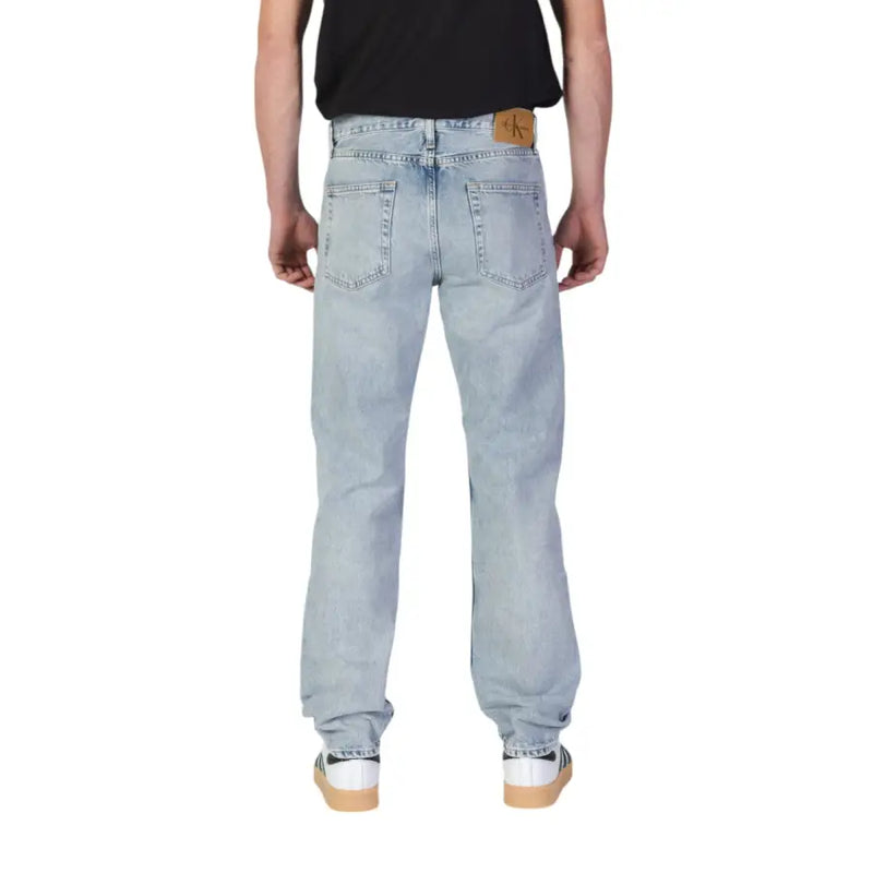 Calvin Klein Jeans men blue organic cotton light-wash denim jeans with straight-leg cut and brown leather patch