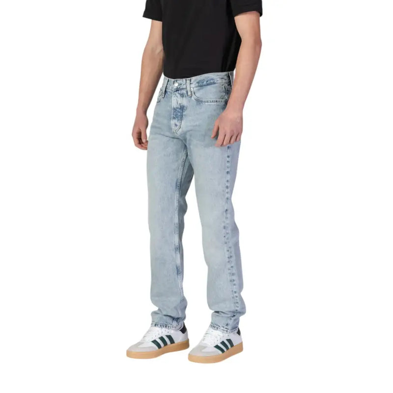 Calvin Klein Jeans men blue organic cotton light-wash denim jeans with classic five-pocket design and subtle thigh fading