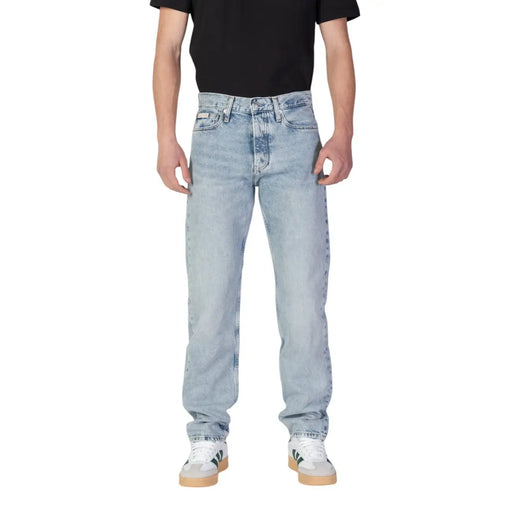 Calvin klein jeans men blue organic cotton light-wash denim jeans with classic five-pocket design and subtle fading