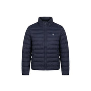Dark navy quilted polyester puffer jacket with stand-up collar and Calvin Klein logo on left chest size L