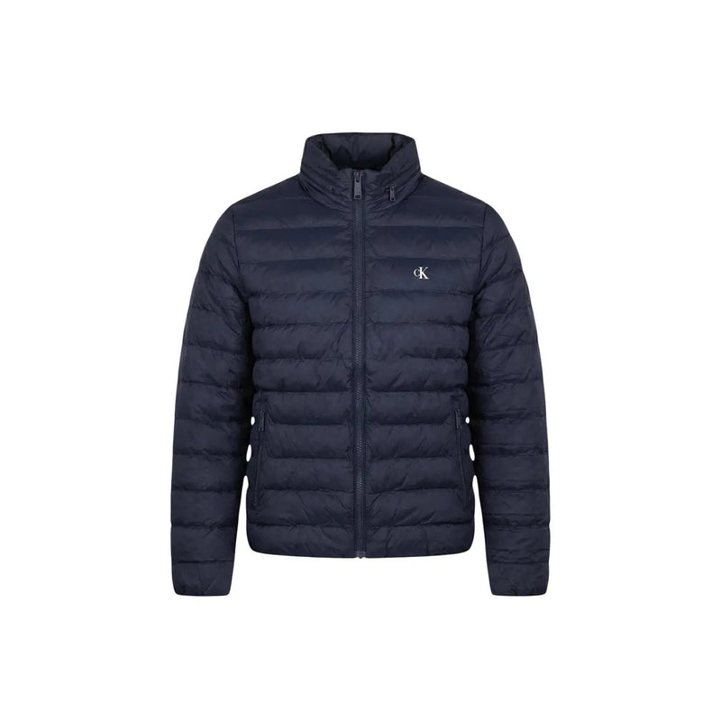 Dark navy quilted polyester puffer jacket with stand-up collar and Calvin Klein logo on left chest size L