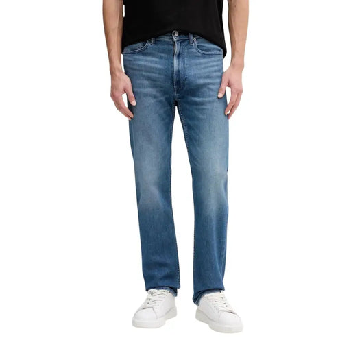 Calvin Klein Herrenjeans, blau, mit Reißverschlusstasche, Baumwolle, klassisches gerades Bein, mittlere Waschung, Fünf-Taschen-Design