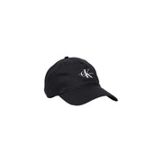 Black calvin klein jeans men cotton baseball cap with white embroidered logo and adjustable buckle in black color