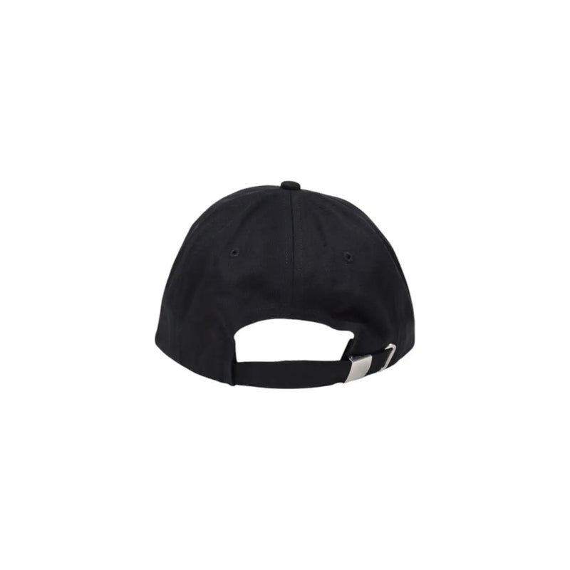 Black cotton baseball cap for men by Calvin Klein Jeans with silver buckle and adjustable strap shown from back side