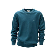 Calvin Klein Jeans Herren-Strickpullover aus grüner Baumwolle mit Rundhalsausschnitt, türkisfarbenem Akzent und dezentem, weiß gesticktem Logo auf der Brust