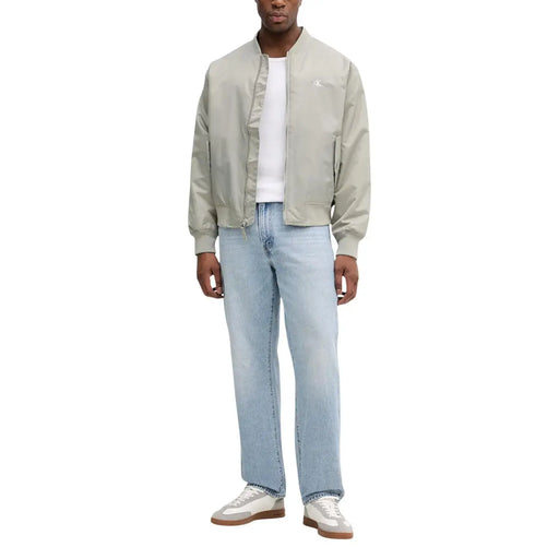 Calvin Klein Jeans men green polyamide zip blazer with light beige bomber jacket featuring subtle embroidered logo on chest