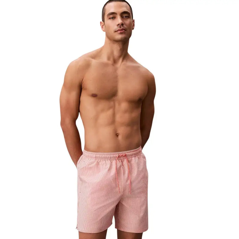 Calvin Klein Jeans Graue Herren-Badehose mit Kordelzug, Größe M, mit rosa-weiß gestreiften Badehosen und Bund