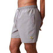 Calvin Klein Jeans men grey polyester swim shorts medium with subtle gold logo on lower leg for swimming