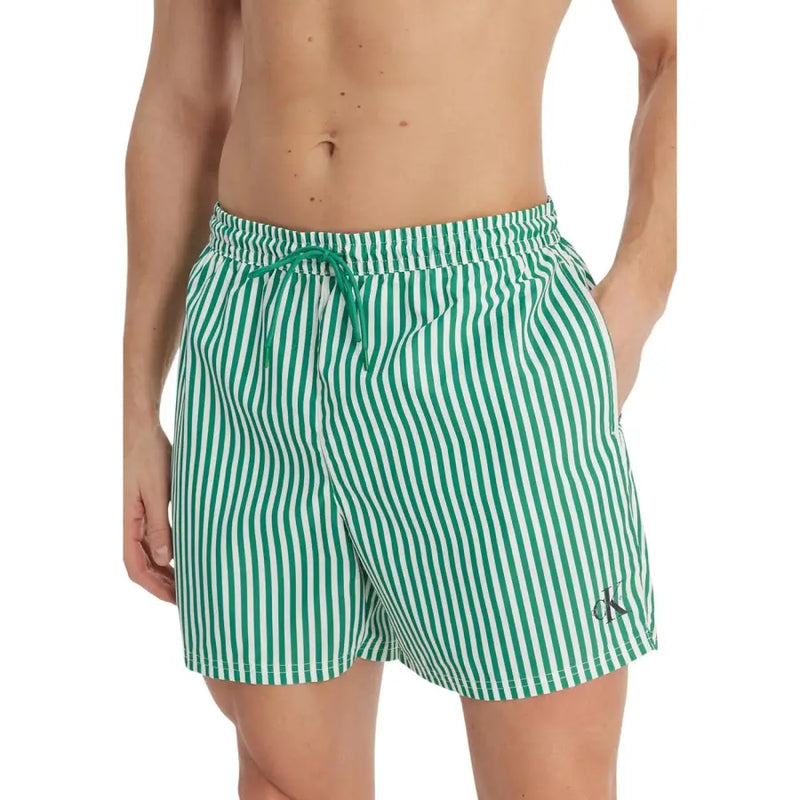 Calvin Klein Jeans men grey polyester swim shorts featuring green and white vertically striped swim trunks with matching drawstring waistband
