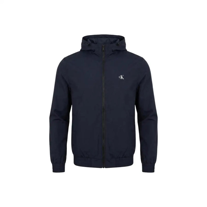 Navy blue Calvin Klein Jeans men hooded zip-up jacket in polyester with white logo on chest for casual wear