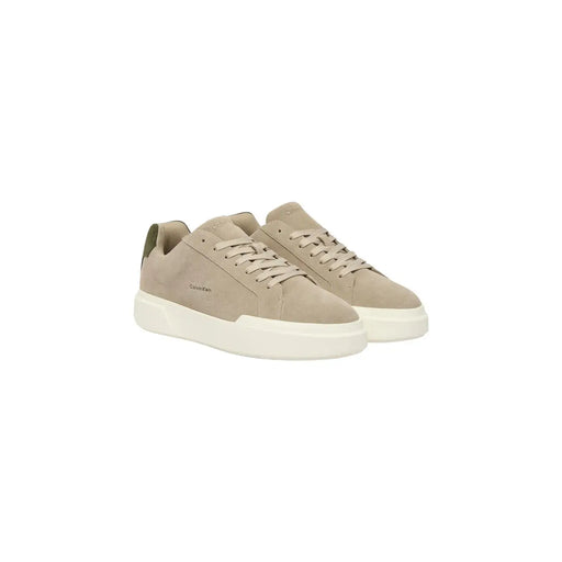 Beige suede Calvin Klein Jeans men leather low-top sneakers with white rubber sole and matching beige laces