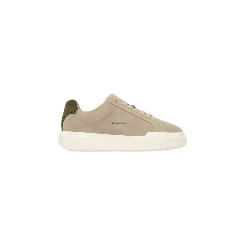Calvin Klein Jeans men leather sneakers beige suede with olive green heel tab and white rubber sole