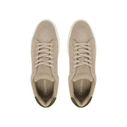 Calvin Klein Jeans men leather sneakers in beige suede with white rubber soles and olive green heel accents