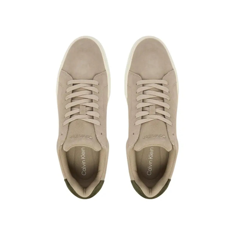 Calvin Klein Jeans men leather sneakers in beige suede with white rubber soles and olive green heel accents