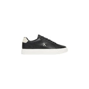 Calvin Klein Jeans men leather sneakers black low-top with white sole cream heel tab and silver ck logo on side