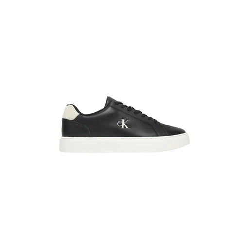 Calvin Klein Jeans men leather sneakers black low-top with white sole cream heel tab and silver ck logo on side