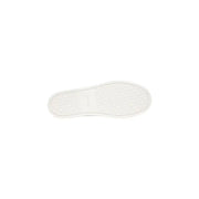 White rubber sole with geometric tread and embossed calvin klein jeans branding on black leather men sneakers heel