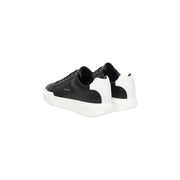 Calvin Klein Jeans men leather sneakers black with sleek leather upper white rubber sole and subtle branding on side