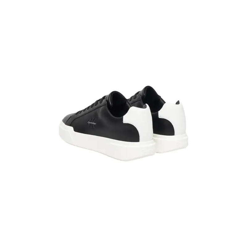 Calvin Klein Jeans men leather sneakers black with sleek leather upper white rubber sole and subtle branding on side