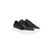 Calvin Klein Jeans men leather sneakers black with white rubber sole and contrasting white heel tab shown from back side