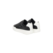 Calvin Klein Jeans men leather sneakers black with sleek leather upper white rubber sole and subtle branding on side