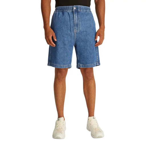 Calvin Klein Jeans men light blue cotton denim shorts with a relaxed fit and rolled cuffs