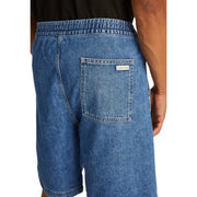 Back view of calvin klein jeans men light blue cotton denim shorts with elastic waistband and branded back pocket