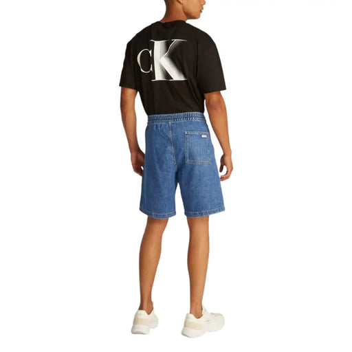 Calvin klein jeans men light blue cotton denim shorts back side with elastic waistband and back pocket