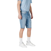 Calvin klein jeans men light blue cotton shorts in light-wash denim with five-pocket design and brand patch on back waistband