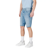 Calvin Klein Jeans men light blue cotton shorts in light-wash denim with classic five-pocket design and frayed hem