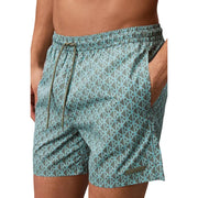 Calvin Klein Jeans men light blue polyester swim shorts featuring gray trunks with light blue geometric pattern and olive drawstring