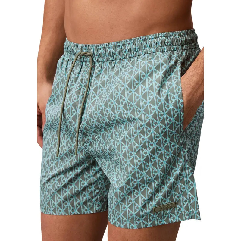 Calvin Klein Jeans men light blue polyester swim shorts featuring gray trunks with light blue geometric pattern and olive drawstring