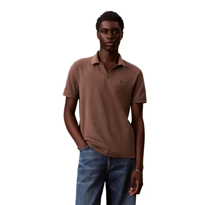 Calvin Klein Jeans men polo blue cotton short sleeve size L with a brown short-sleeved classic collar and embroidered logo