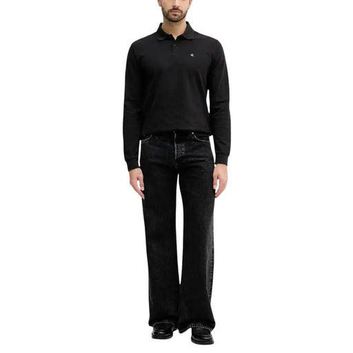 Calvin Klein Jeans men polo long sleeve black cotton shirt with small embroidered logo on the chest