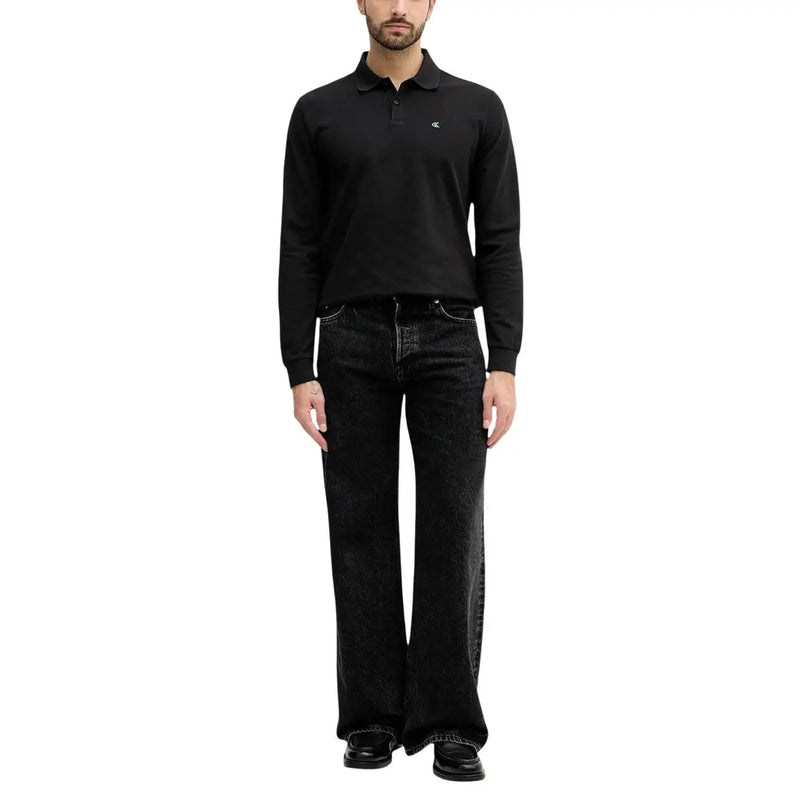 Calvin Klein Jeans men polo long sleeve black cotton shirt with small embroidered logo on the chest