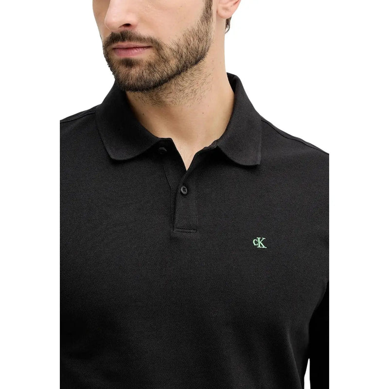 Calvin Klein Jeans men polo long sleeve black cotton textured shirt with subtle green embroidered ck logo on chest