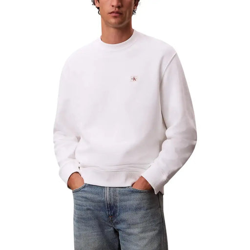 Calvin Klein Jeans men round neck white cotton sweatshirt with small embroidered logo on left chest