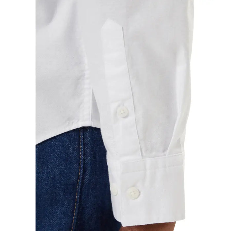 Calvin klein jeans men white button-down shirt cuff with neatly stitched seams and matching buttons