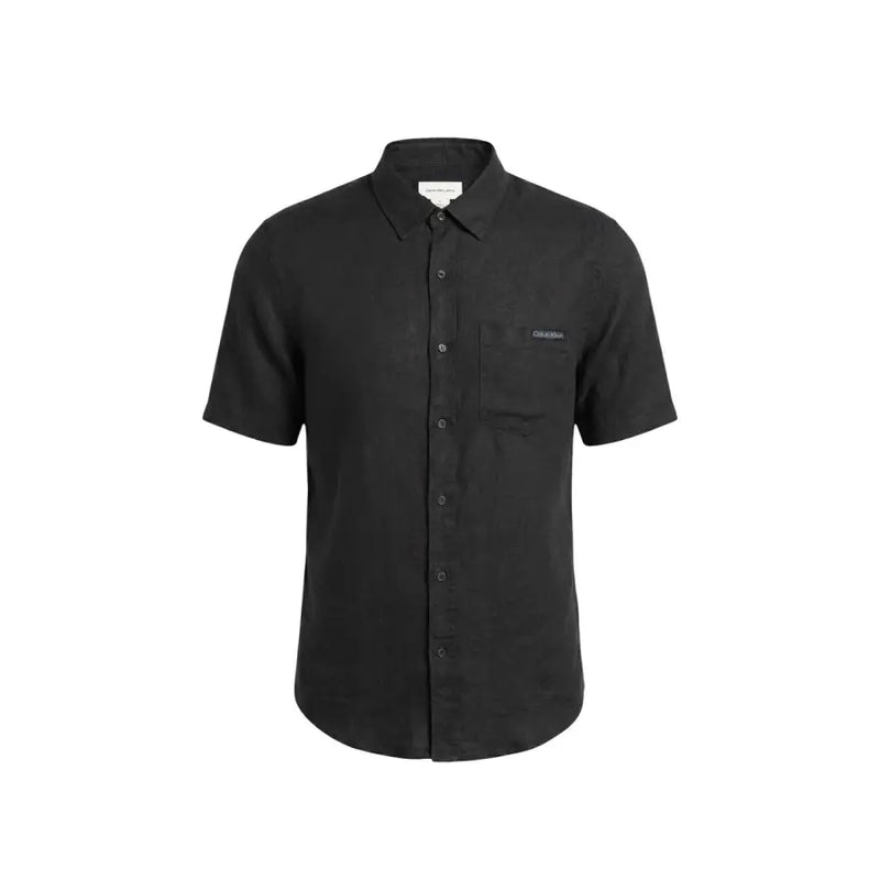 Calvin Klein Jeans men shirt black short-sleeved button-up with subtle textured fabric and embroidered chest logo
