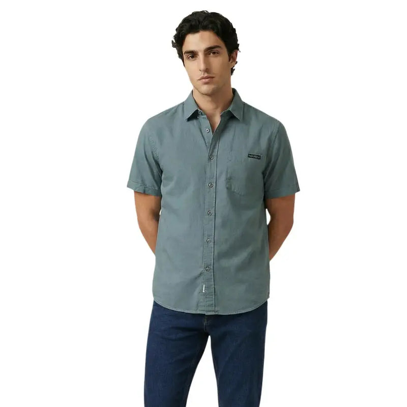 Calvin Klein Jeans men shirt in muted teal cotton with subtle texture and left chest pocket short sleeves button-up