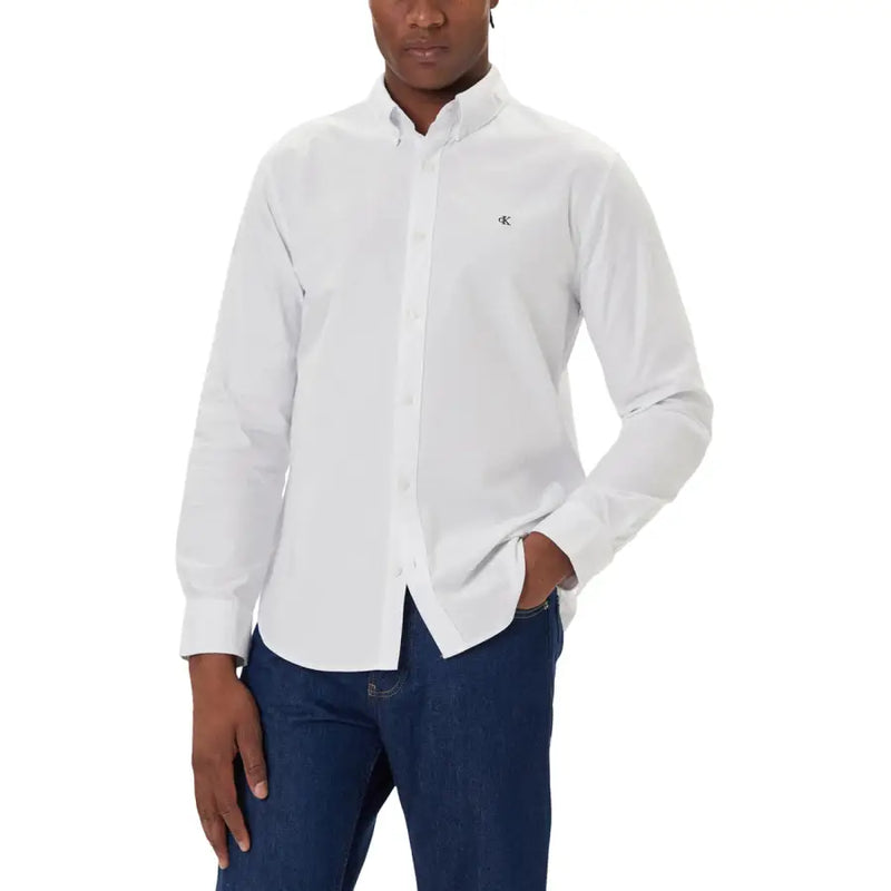 Calvin Klein Jeans men shirt white button-down with subtle embroidered logo on the chest for casual wear
