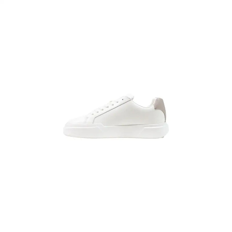Calvin Klein Jeans men sneakers white leather with minimalist design and subtle gray accent on the heel