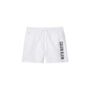 Calvin klein jeans men swimwear white swim trunks with black vertical branding on the side for beachwear