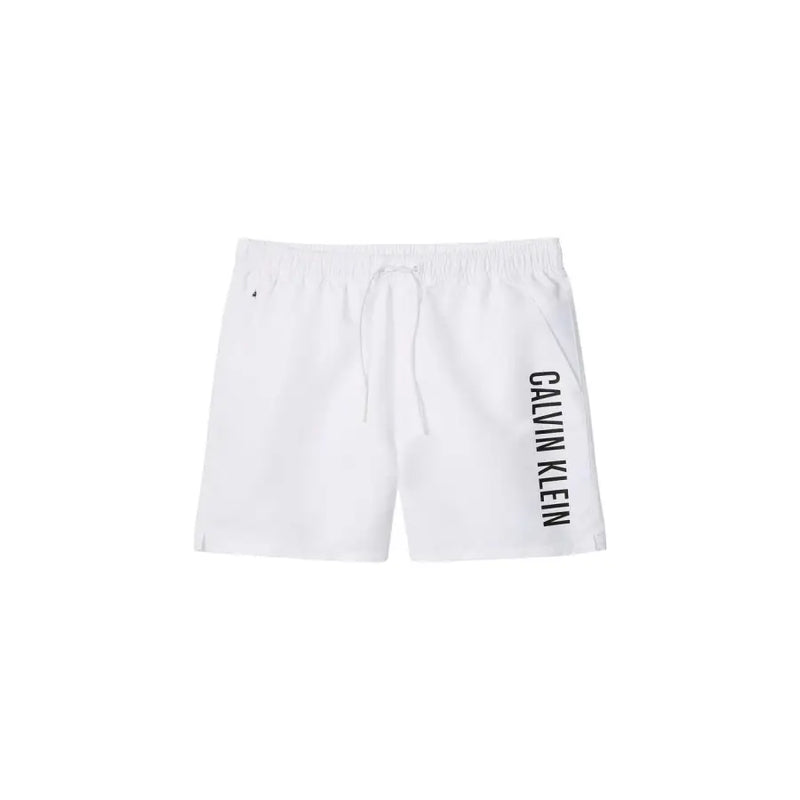 Calvin klein jeans men swimwear white swim trunks with black vertical branding on the side for beachwear