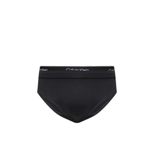 Black Calvin Klein Jeans men swimwear briefs featuring a white logo band and comfortable stretch fabric