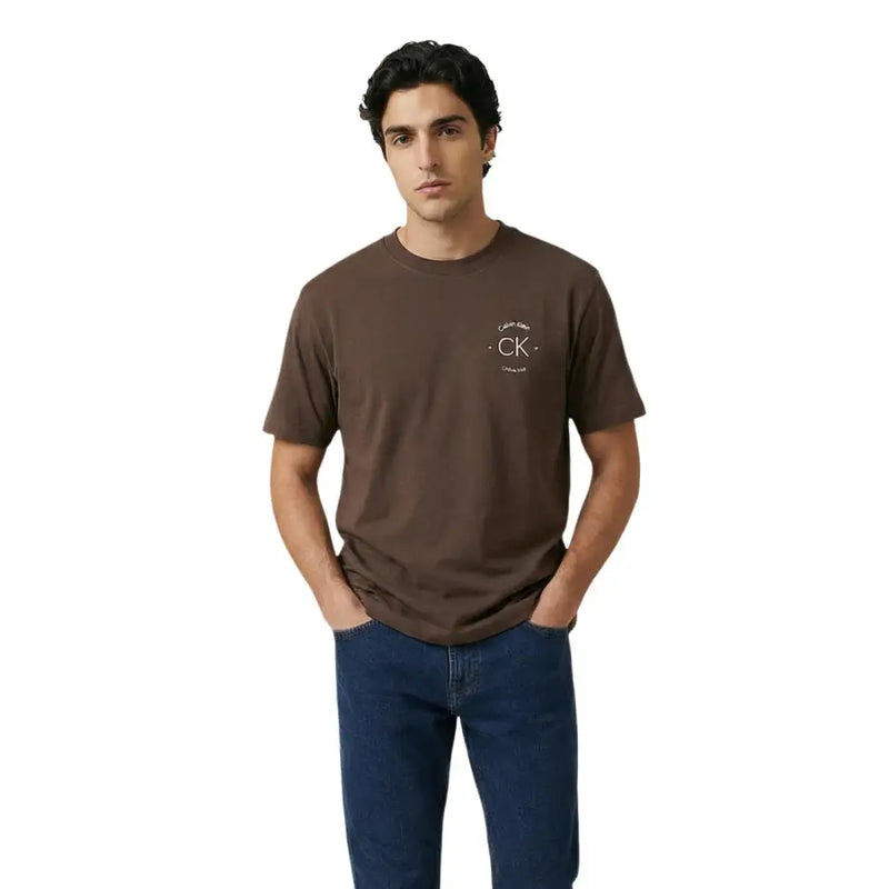 Brown Calvin Klein jeans men t shirt with subtle white logo on chest black cotton round neck casual wear